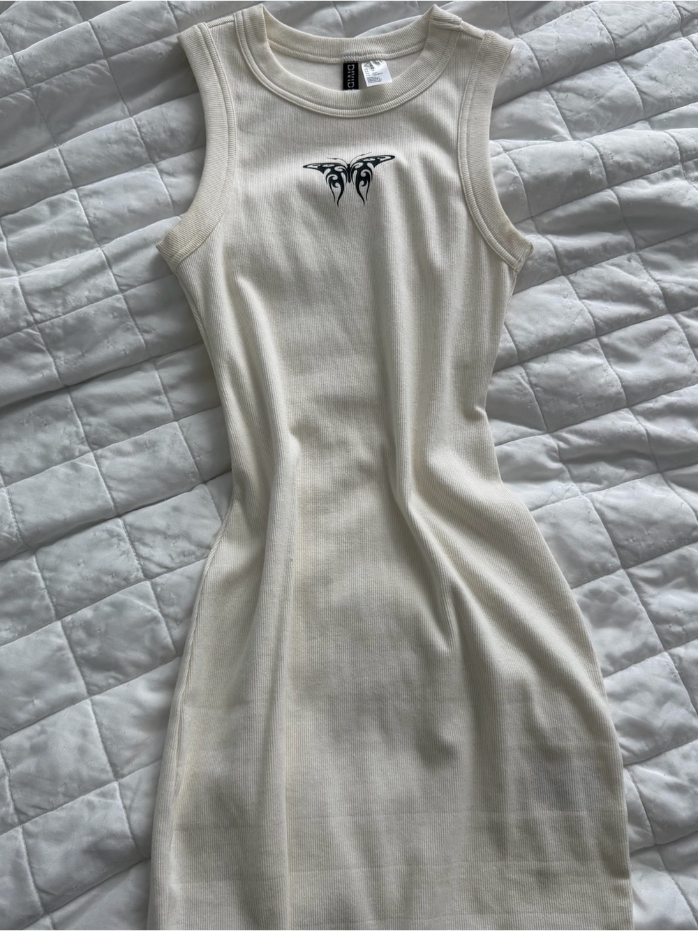 Zara Sleeveless Ribbed Tank Dress with Center Graphic - Cream